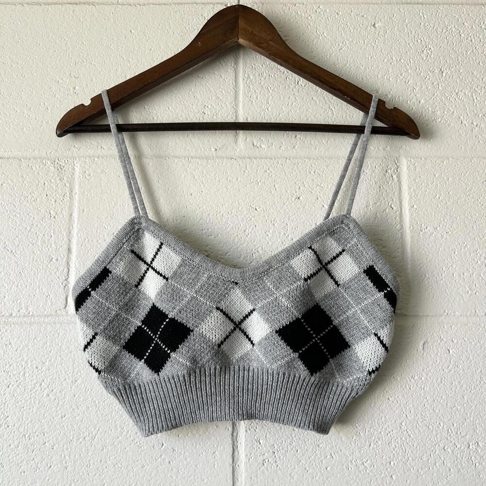 Shein Plaid School Girl Knit Spaghetti Strap Crop Top Women's Medium